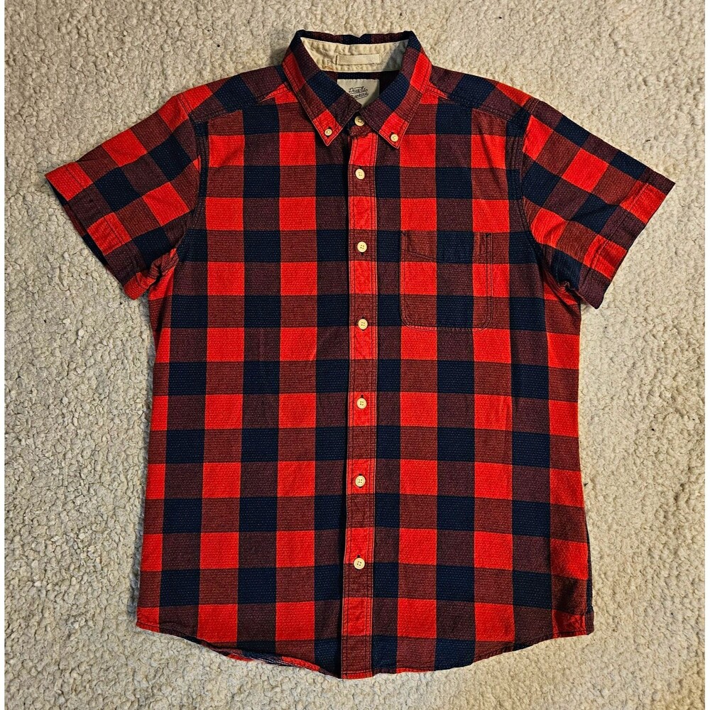 Deus Ex Machina Albie Gingham Shirt Mens L Red Blue Check SS Button Down Cotton